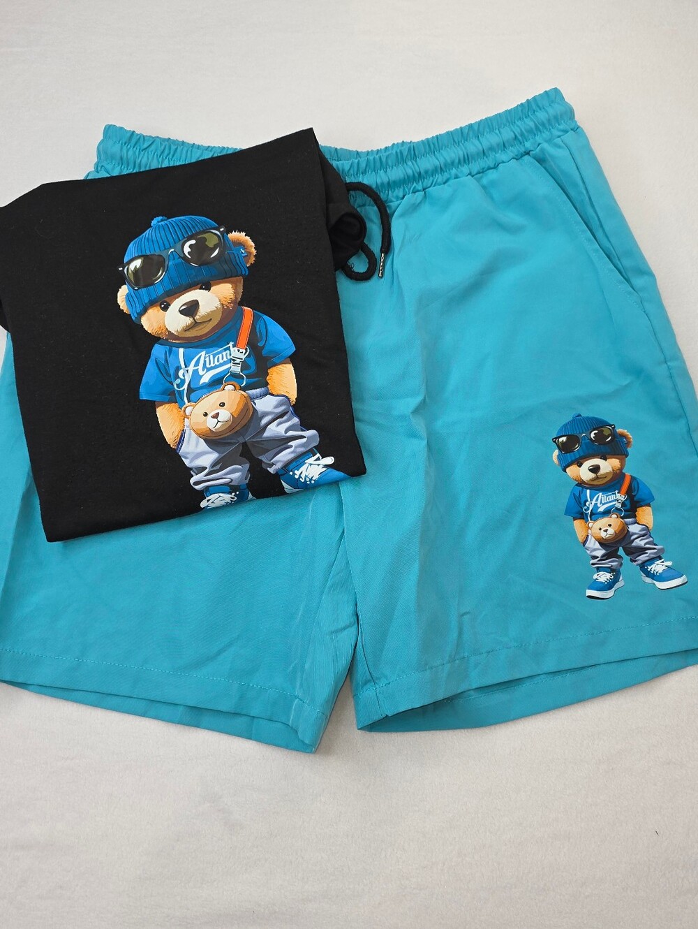 SHEIN Men's Cartoon Bear T-Shirt and Shorts Set Size XL Black Blue CU-3706